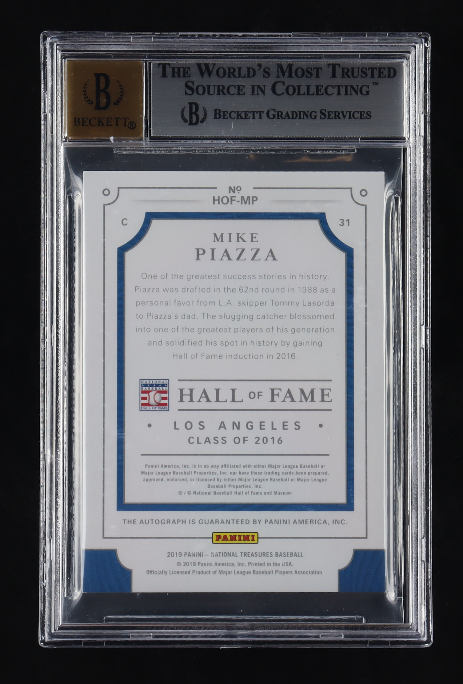 Mike Piazza 2019 Panini National Treasures Hall of Fame Signatures Holo Platinum Blue #1 #1/1 (BGS 9 | Autograph Graded 10) at PristineAuction.com Mike Piazza 2019 Panini National Treasures Hall of Fame Signatures Holo Platinum Blue #1 #1/1 (BGS 9 | Autograph Graded 10) at PristineAuction.com