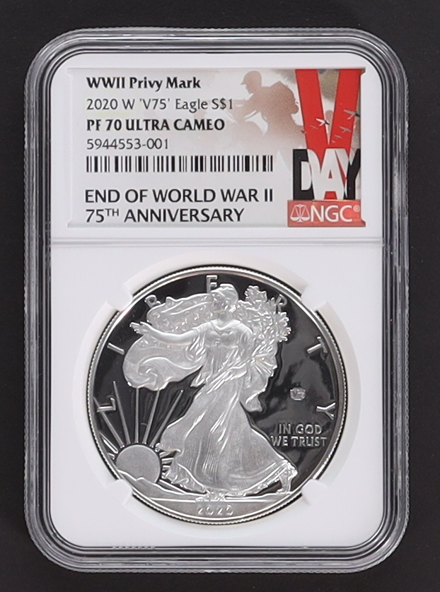 2020-W American Silver Eagle $1 One Dollar Coin - V75 WWII Privy Mark - End of WWII 75th Anniversary (NGC PF 70 Ultra Cameo) at PristineAuction.com 2020-W American Silver Eagle $1 One Dollar Coin - V75 WWII Privy Mark - End of WWII 75th Anniversary (NGC PF 70 Ultra Cameo) at PristineAuction.com