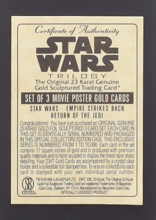 "Star Wars" Trilogy Set of (3) 23Kt Gold Movie Poster Cards at PristineAuction.com "Star Wars" Trilogy Set of (3) 23Kt Gold Movie Poster Cards at PristineAuction.com