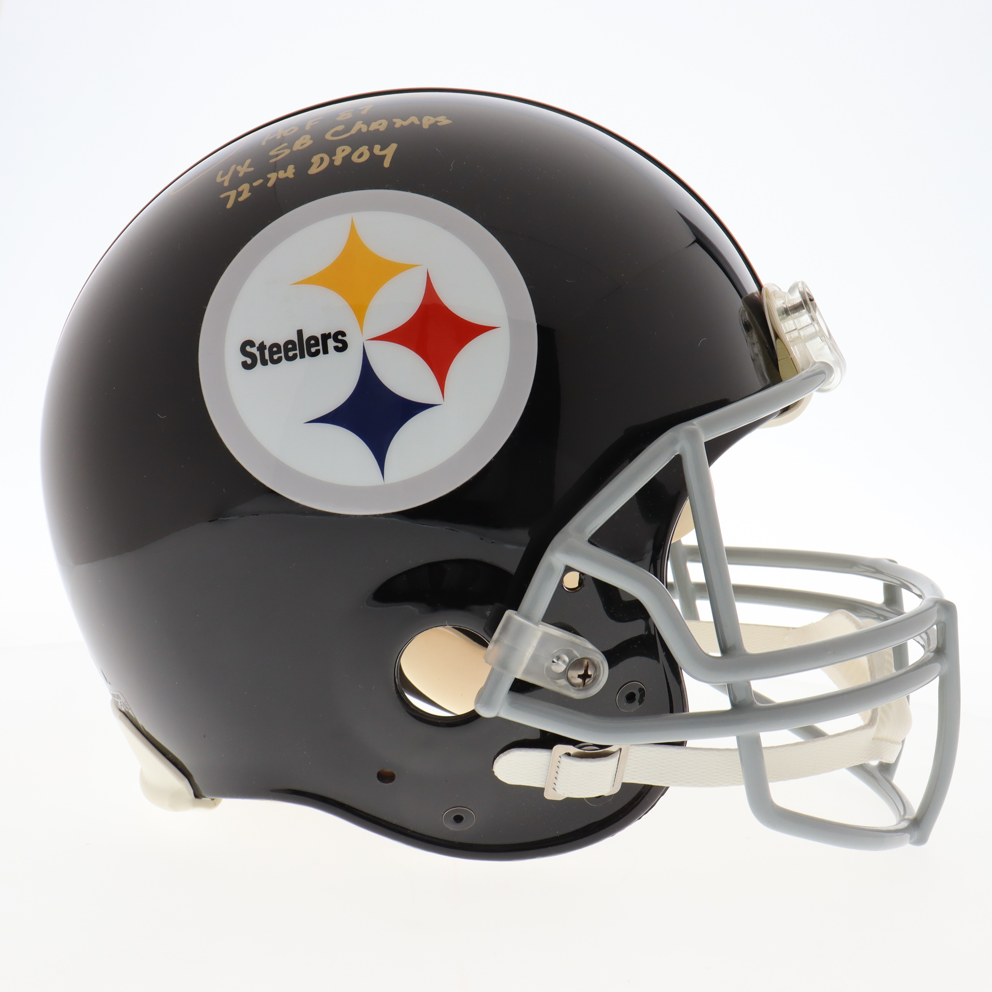 Joe Greene Signed Steelers Full-Size Authentic On-Field Helmet Inscribed "HOF 87", "4x SB Champs" & "72-74 DPOY" (JSA) at PristineAuction.com Joe Greene Signed Steelers Full-Size Authentic On-Field Helmet Inscribed "HOF 87", "4x SB Champs" & "72-74 DPOY" (JSA) at PristineAuction.com