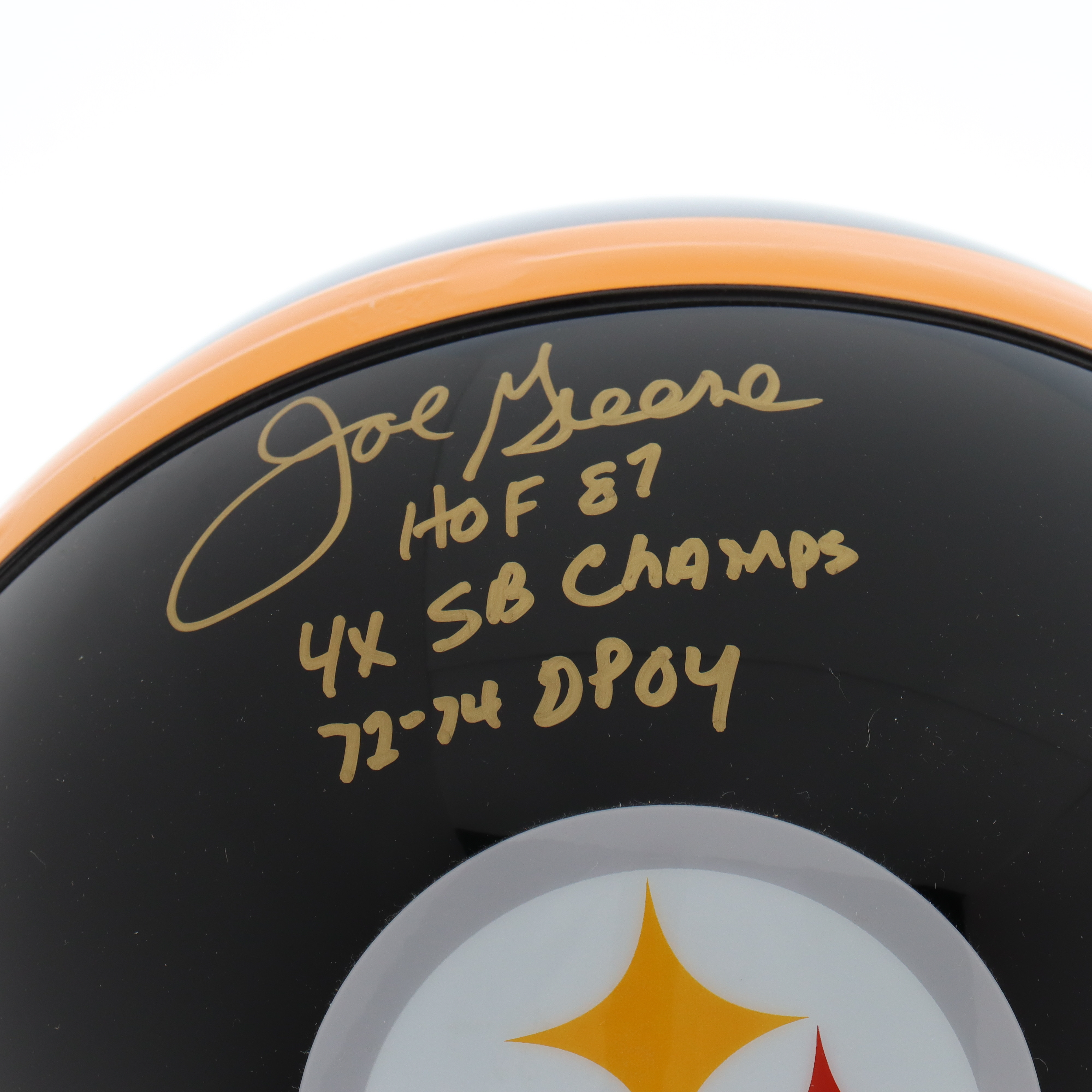 Joe Greene Signed Steelers Full-Size Authentic On-Field Helmet Inscribed "HOF 87", "4x SB Champs" & "72-74 DPOY" (JSA) at PristineAuction.com Joe Greene Signed Steelers Full-Size Authentic On-Field Helmet Inscribed "HOF 87", "4x SB Champs" & "72-74 DPOY" (JSA) at PristineAuction.com