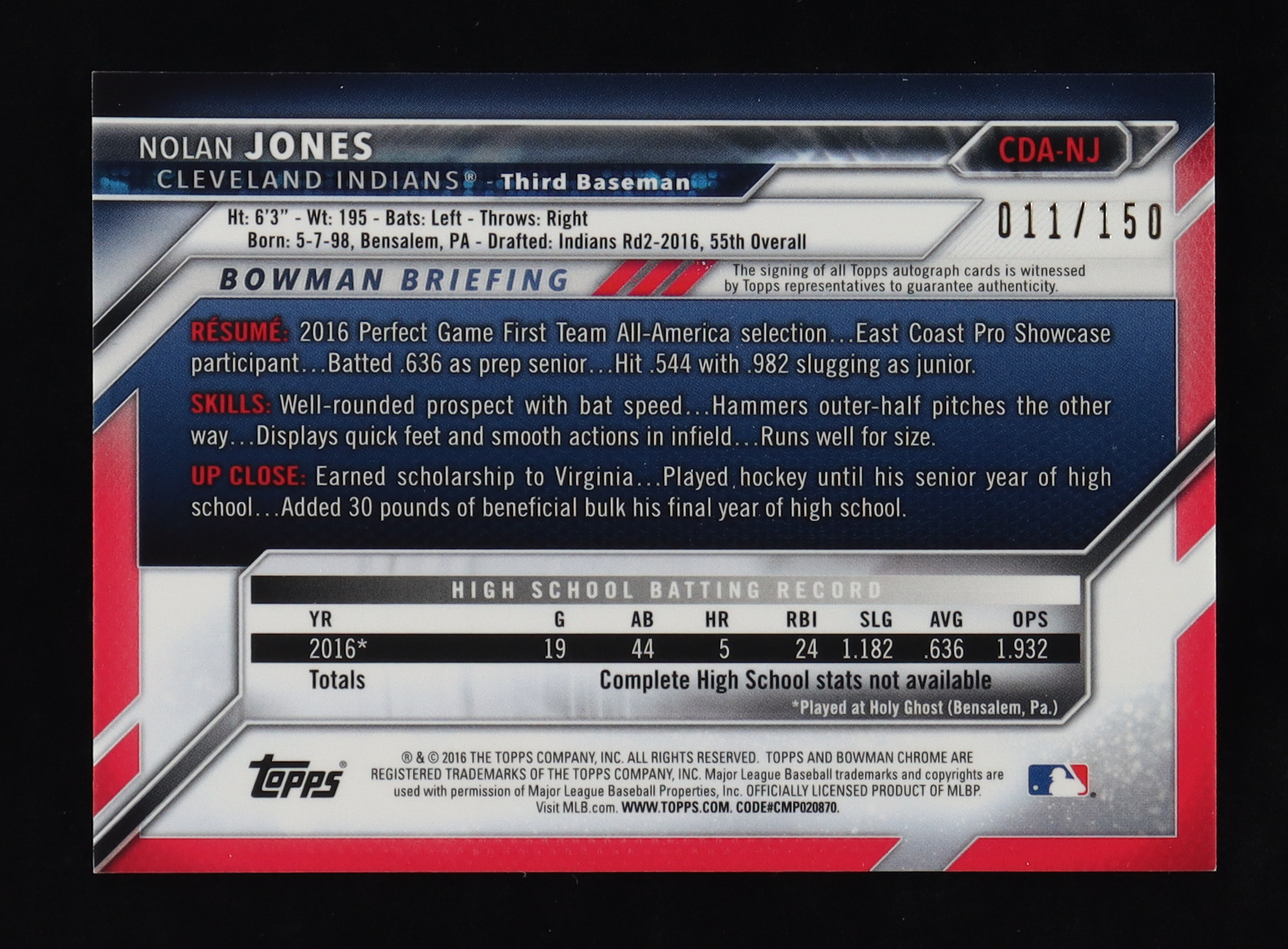 Nolan Jones 2016 Bowman Chrome Draft Draft Pick Autographs Blue Wave Refractors #CDANJ RC #11/150 at PristineAuction.com Nolan Jones 2016 Bowman Chrome Draft Draft Pick Autographs Blue Wave Refractors #CDANJ RC #11/150 at PristineAuction.com