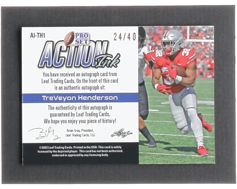 TreVeyon Henderson 2022 Leaf Pro Set Metal Action Ink Wave Silver #AITH1 #24/40 RC at PristineAuction.com TreVeyon Henderson 2022 Leaf Pro Set Metal Action Ink Wave Silver #AITH1 #24/40 RC at PristineAuction.com