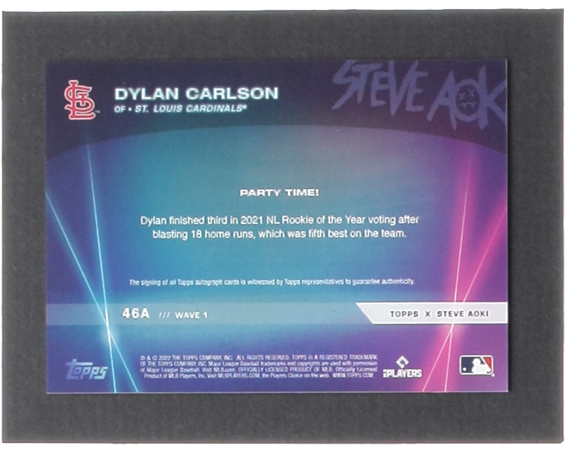 Dylan Carlson 2022 Topps X Steve Aoki's Baseball Party Autographs Purple Glitter Blast #46A #90/99 at PristineAuction.com Dylan Carlson 2022 Topps X Steve Aoki's Baseball Party Autographs Purple Glitter Blast #46A #90/99 at PristineAuction.com