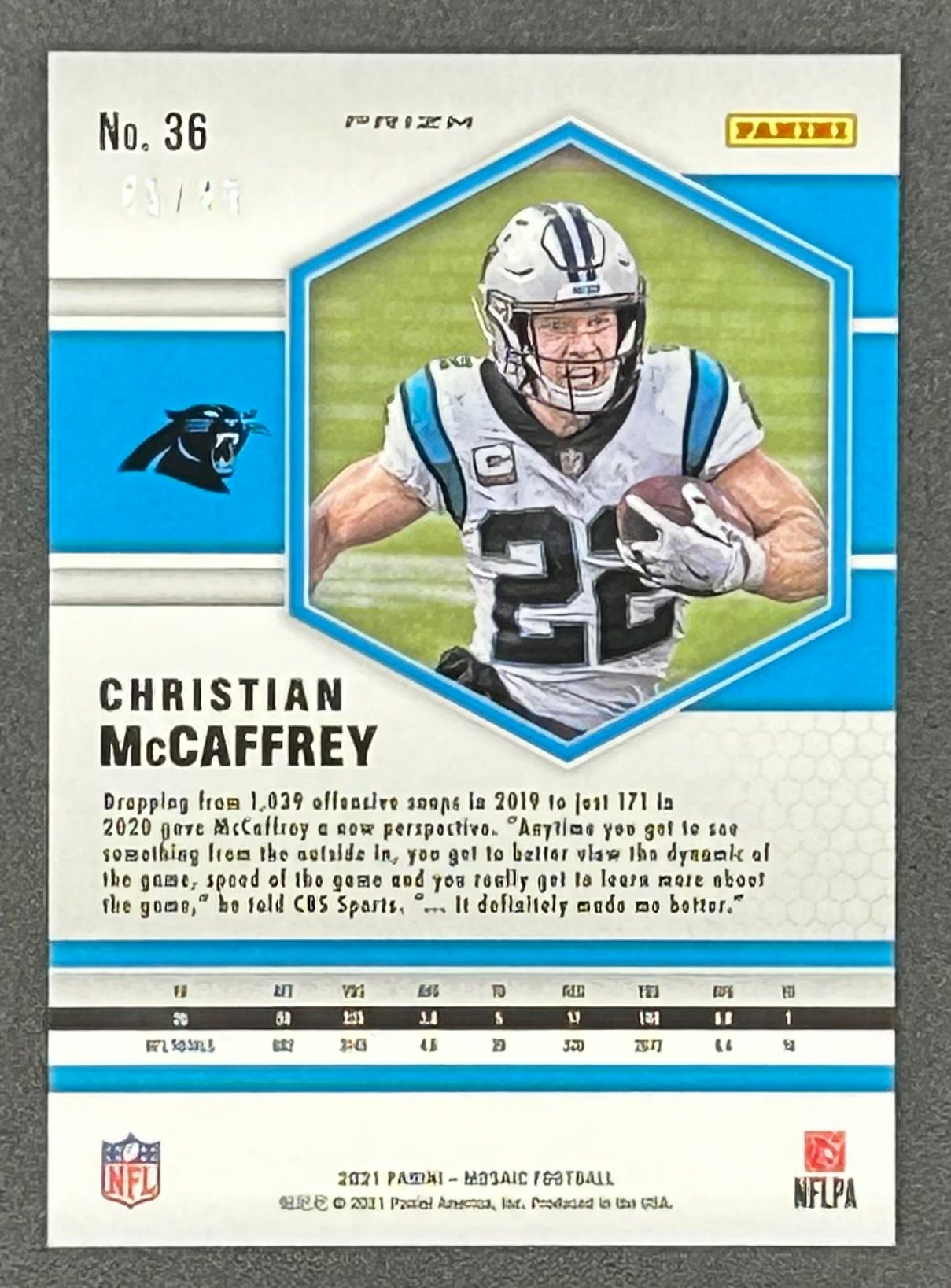 Christian McCaffrey 2020 Panini Mosaic Mosaic Purple #36 #45/49 at PristineAuction.com Christian McCaffrey 2020 Panini Mosaic Mosaic Purple #36 #45/49 at PristineAuction.com