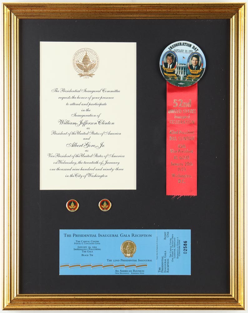 Bill Clinton Custom Framed Photo Display with 1993 Inauguration Invitation, Gala Ticket, (2) Inauguration Cuff Links & Ribbon at PristineAuction.com Bill Clinton Custom Framed Photo Display with 1993 Inauguration Invitation, Gala Ticket, (2) Inauguration Cuff Links & Ribbon at PristineAuction.com