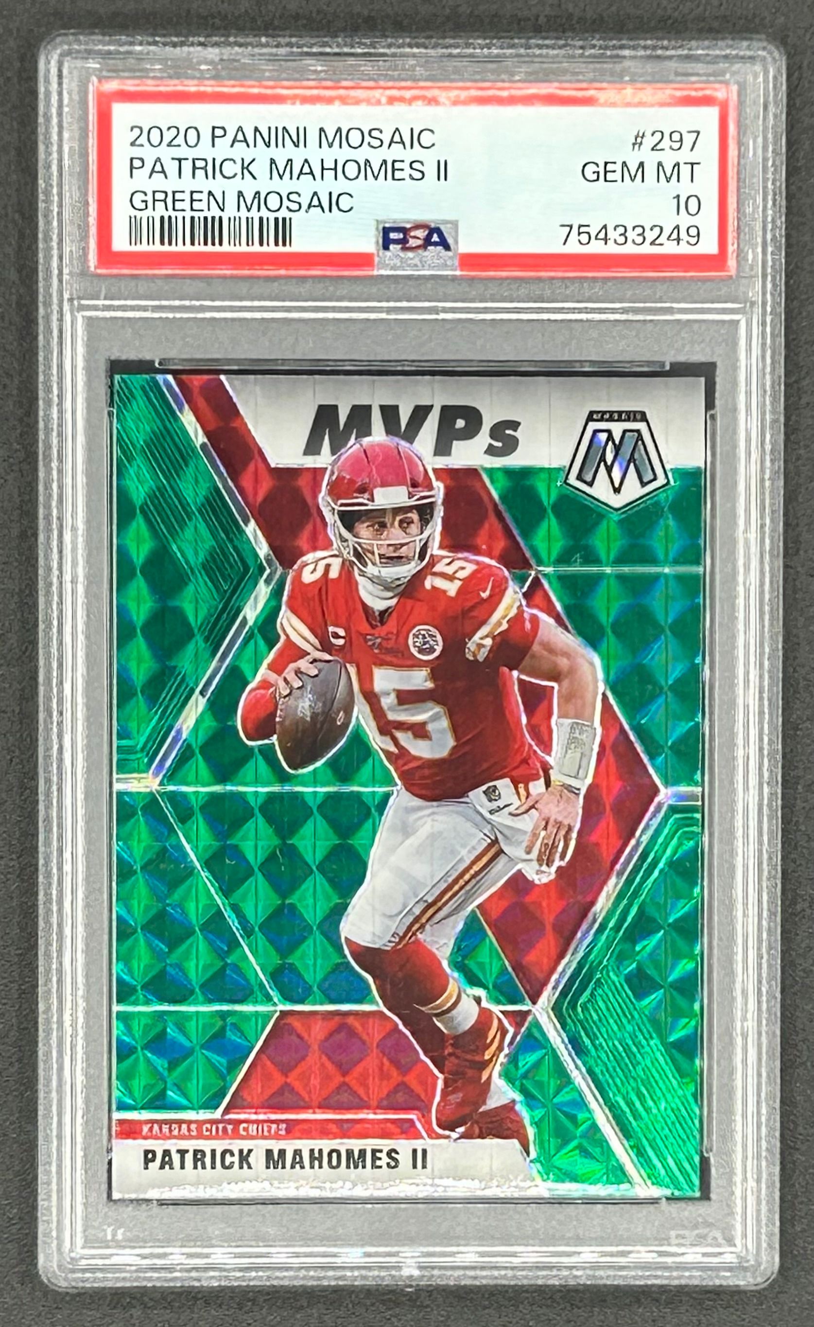Patrick Mahomes II 2020 Panini Mosaic Mosaic Green #297 MVP (PSA 10) at PristineAuction.com Patrick Mahomes II 2020 Panini Mosaic Mosaic Green #297 MVP (PSA 10) at PristineAuction.com