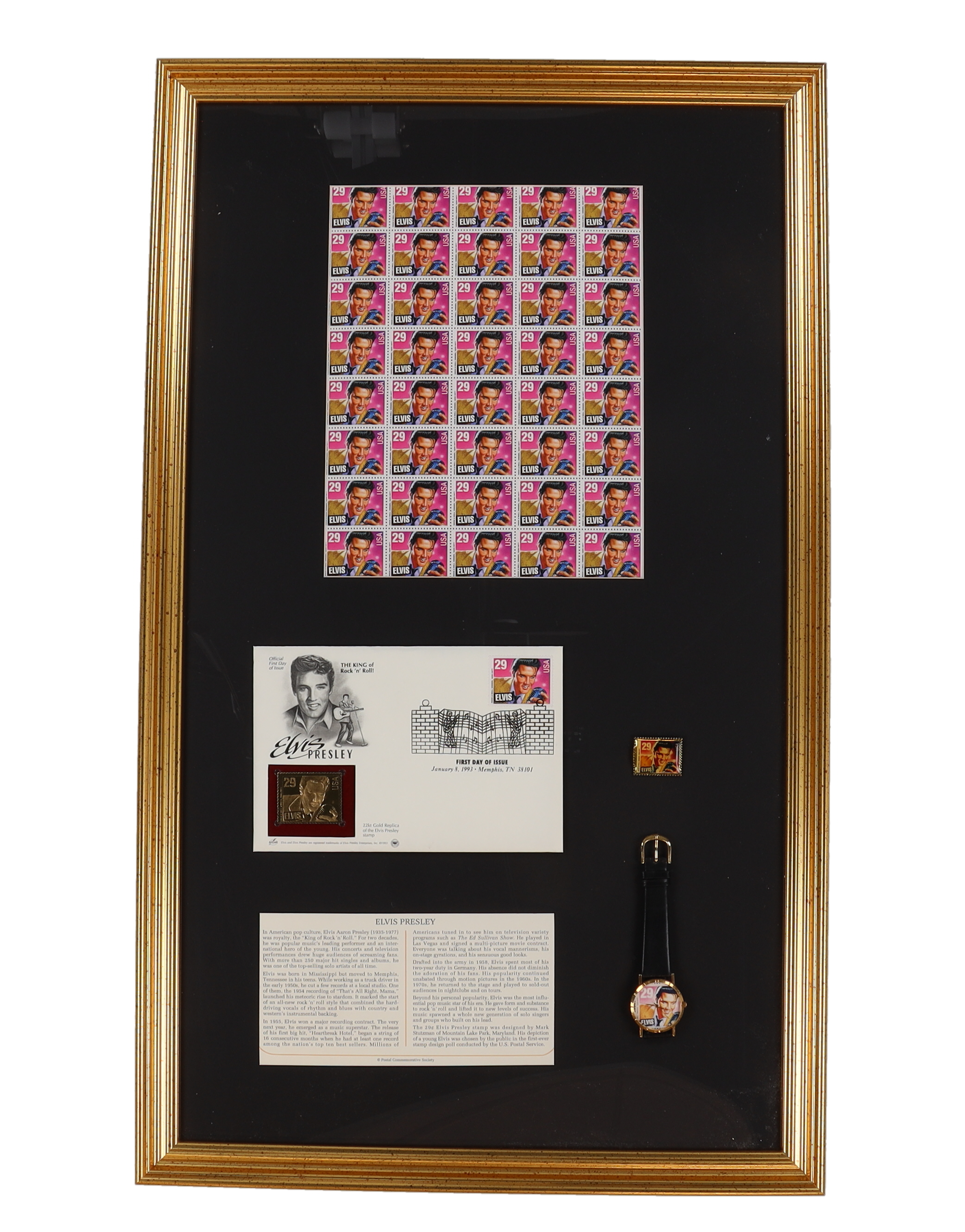 Elvis Presley Custom Framed Uncut Stamp Sheet Display With Stamp Release Pin, Letter, First Day Of Issue Envelope & Watch at PristineAuction.com Elvis Presley Custom Framed Uncut Stamp Sheet Display With Stamp Release Pin, Letter, First Day Of Issue Envelope & Watch at PristineAuction.com