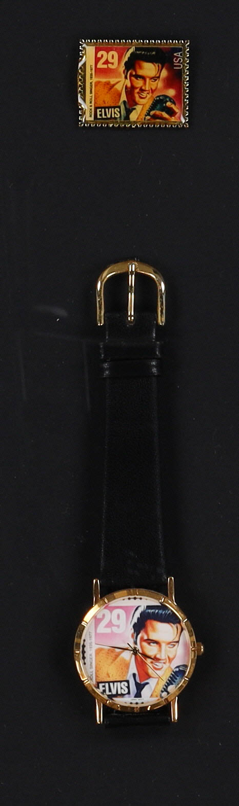 Elvis Presley Custom Framed Uncut Stamp Sheet Display With Stamp Release Pin, Letter, First Day Of Issue Envelope & Watch at PristineAuction.com Elvis Presley Custom Framed Uncut Stamp Sheet Display With Stamp Release Pin, Letter, First Day Of Issue Envelope & Watch at PristineAuction.com