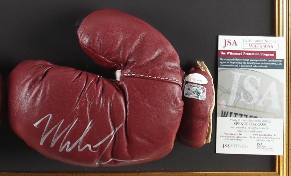 Mike Tyson Signed Custom Framed Vintage Franklin Model Boxing Glove Set Display With Print (JSA & Tyson) at PristineAuction.com Mike Tyson Signed Custom Framed Vintage Franklin Model Boxing Glove Set Display With Print (JSA & Tyson) at PristineAuction.com