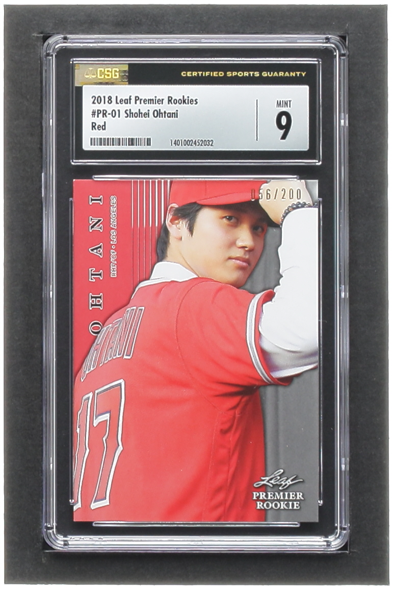 Shohei Ohtani 2018 Leaf Premier Rookies Red #PR01 RC #56/200 (CSG 9) at PristineAuction.com Shohei Ohtani 2018 Leaf Premier Rookies Red #PR01 RC #56/200 (CSG 9) at PristineAuction.com