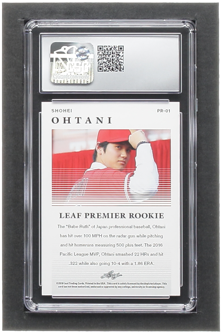 Shohei Ohtani 2018 Leaf Premier Rookies Red #PR01 RC #56/200 (CSG 9) at PristineAuction.com Shohei Ohtani 2018 Leaf Premier Rookies Red #PR01 RC #56/200 (CSG 9) at PristineAuction.com