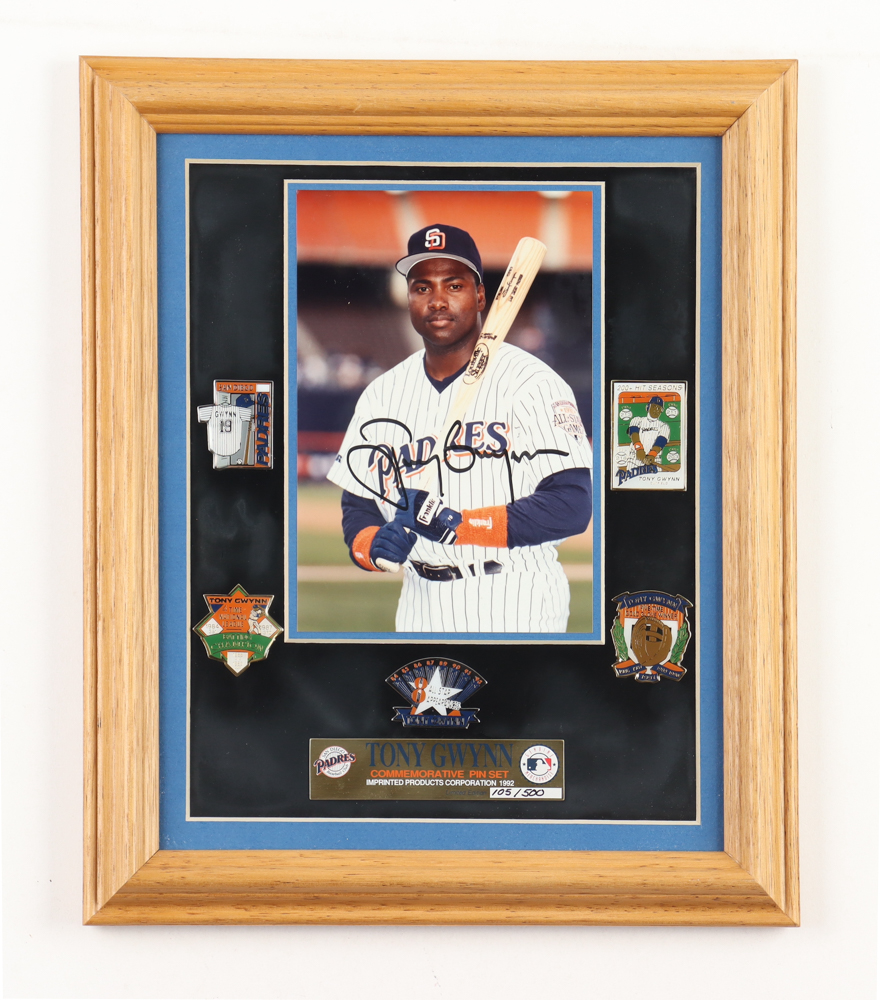 Tony Gwynn Padres Custom Framed Photo with Set of (5) LE Pins at PristineAuction.com Tony Gwynn Padres Custom Framed Photo with Set of (5) LE Pins at PristineAuction.com