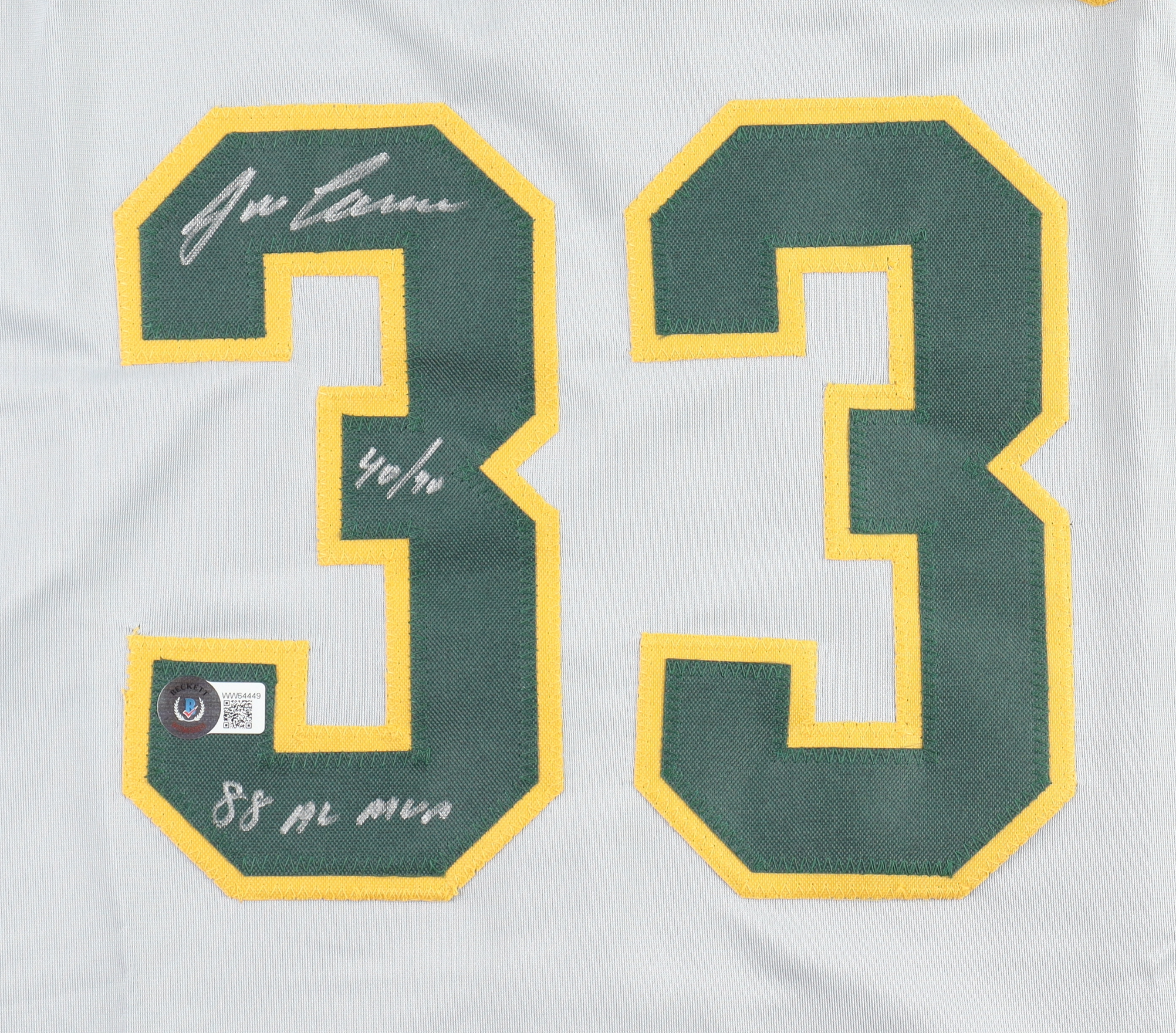 Jose Canseco Signed Jersey Inscribed "40/40" & "88 AL MVP" (Beckett) at PristineAuction.com Jose Canseco Signed Jersey Inscribed "40/40" & "88 AL MVP" (Beckett) at PristineAuction.com