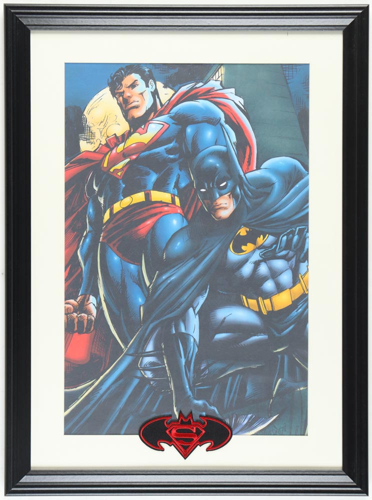 "Batman & Superman" Custom Framed Print with Batman/Superman Logo Patch at PristineAuction.com "Batman & Superman" Custom Framed Print with Batman/Superman Logo Patch at PristineAuction.com