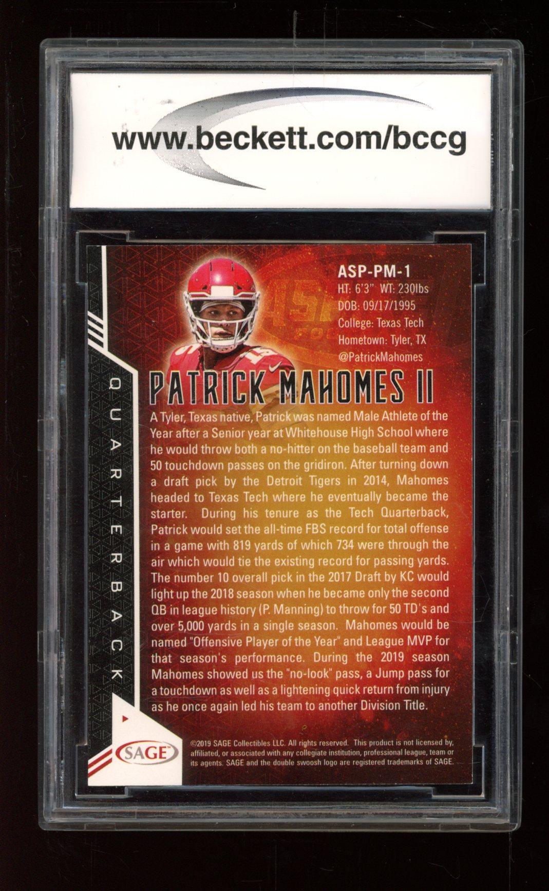 Patrick Mahomes II 2019 SAGE Aspire #ASPPM1 (BCCG 10) at PristineAuction.com Patrick Mahomes II 2019 SAGE Aspire #ASPPM1 (BCCG 10) at PristineAuction.com