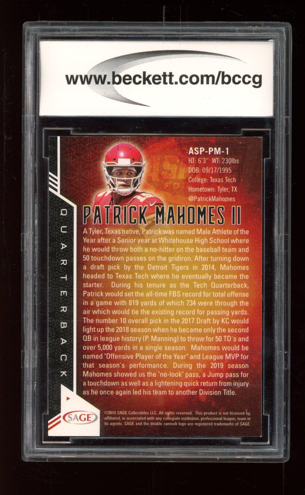Patrick Mahomes II 2019 SAGE Aspire #ASPPM1 (BCCG 10) at PristineAuction.com Patrick Mahomes II 2019 SAGE Aspire #ASPPM1 (BCCG 10) at PristineAuction.com