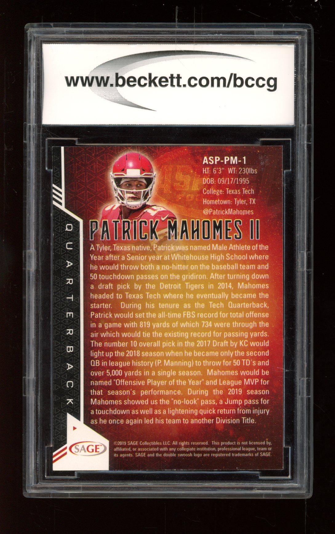 Patrick Mahomes II 2019 Sage Aspire #ASPPM1 (BCCG 10) at PristineAuction.com Patrick Mahomes II 2019 Sage Aspire #ASPPM1 (BCCG 10) at PristineAuction.com