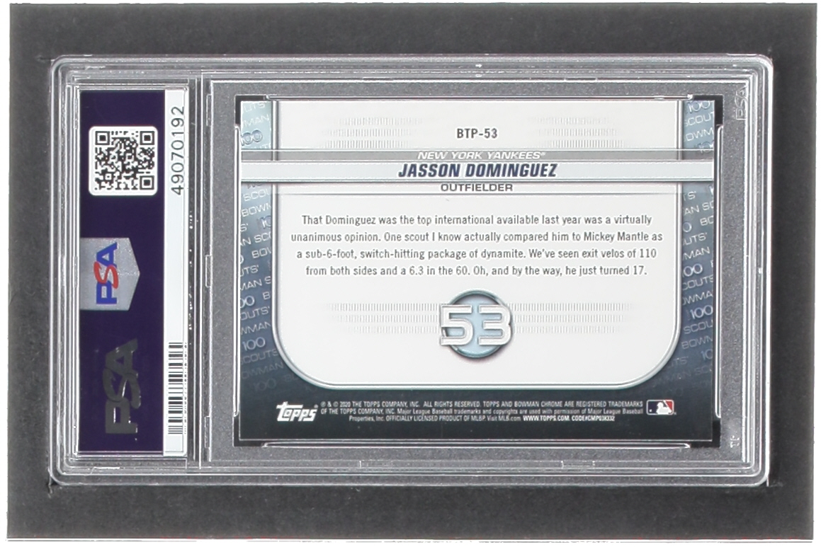 Jasson Dominguez 2020 Bowman Chrome Scouts Top 100 #BTP53 RC (PSA 10) at PristineAuction.com Jasson Dominguez 2020 Bowman Chrome Scouts Top 100 #BTP53 RC (PSA 10) at PristineAuction.com
