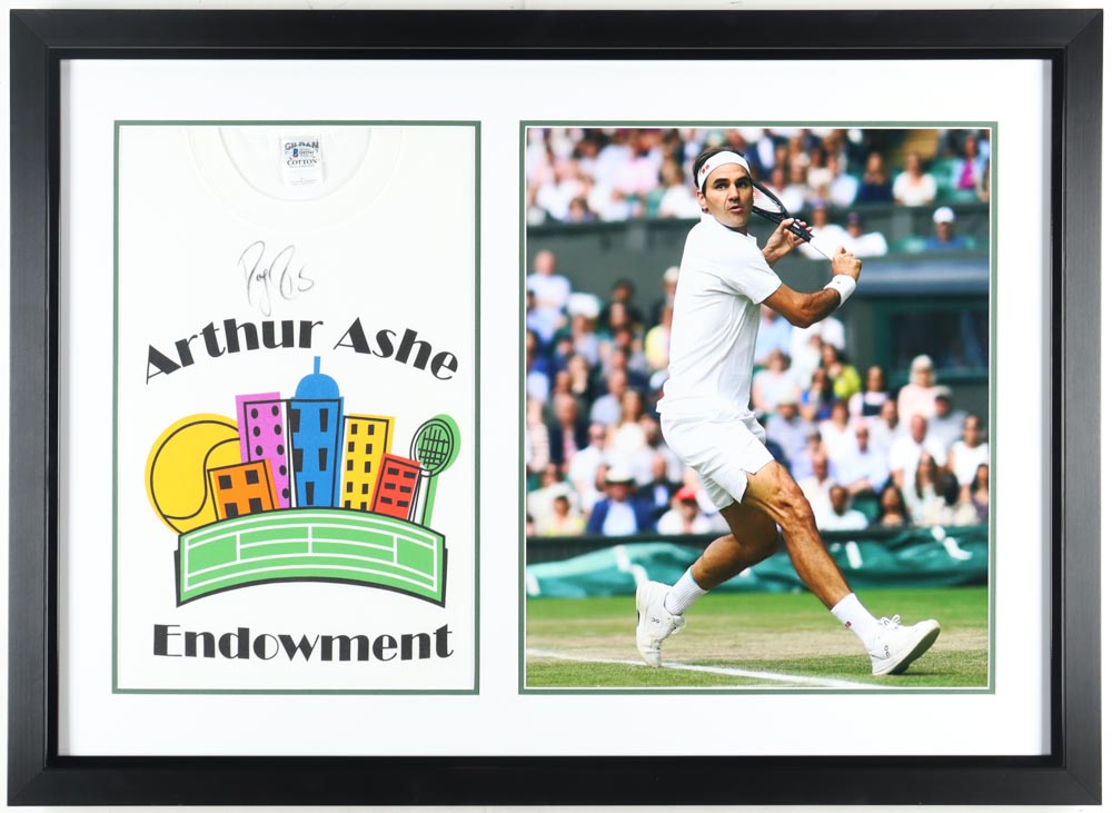 Roger Federer Signed Custom Framed Arthur Ashe Endowment T-Shirt (Beckett) at PristineAuction.com Roger Federer Signed Custom Framed Arthur Ashe Endowment T-Shirt (Beckett) at PristineAuction.com