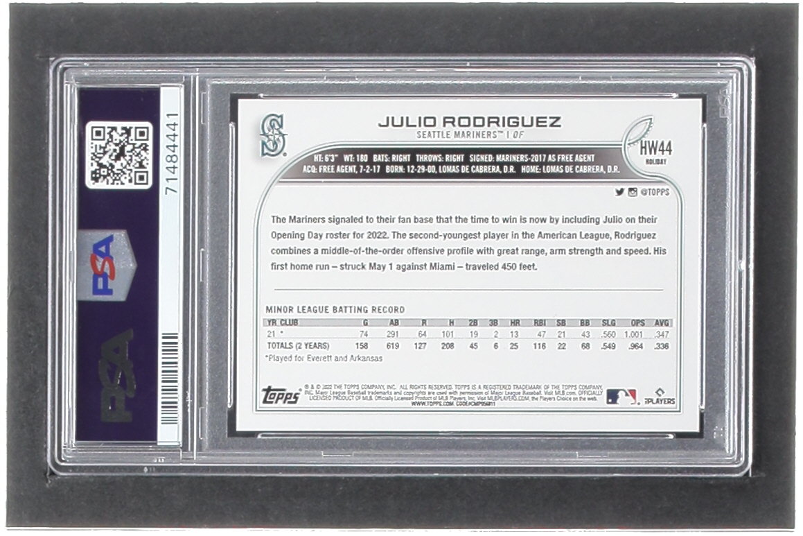 Julio Rodriguez 2022 Topps Holiday #HW44 RC (PSA 10) at PristineAuction.com Julio Rodriguez 2022 Topps Holiday #HW44 RC (PSA 10) at PristineAuction.com