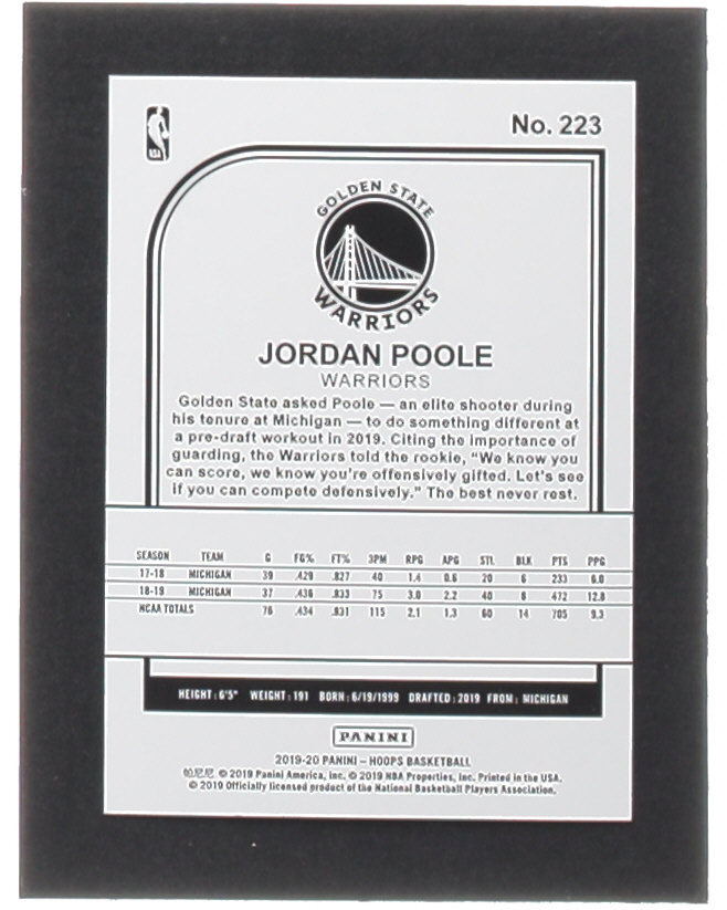 Jordan Poole 2019-20 Hoops #223 RC at PristineAuction.com Jordan Poole 2019-20 Hoops #223 RC at PristineAuction.com