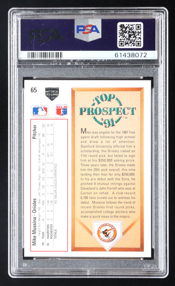 Mike Mussina 1991 Upper Deck #65 RC (PSA 10) at PristineAuction.com Mike Mussina 1991 Upper Deck #65 RC (PSA 10) at PristineAuction.com