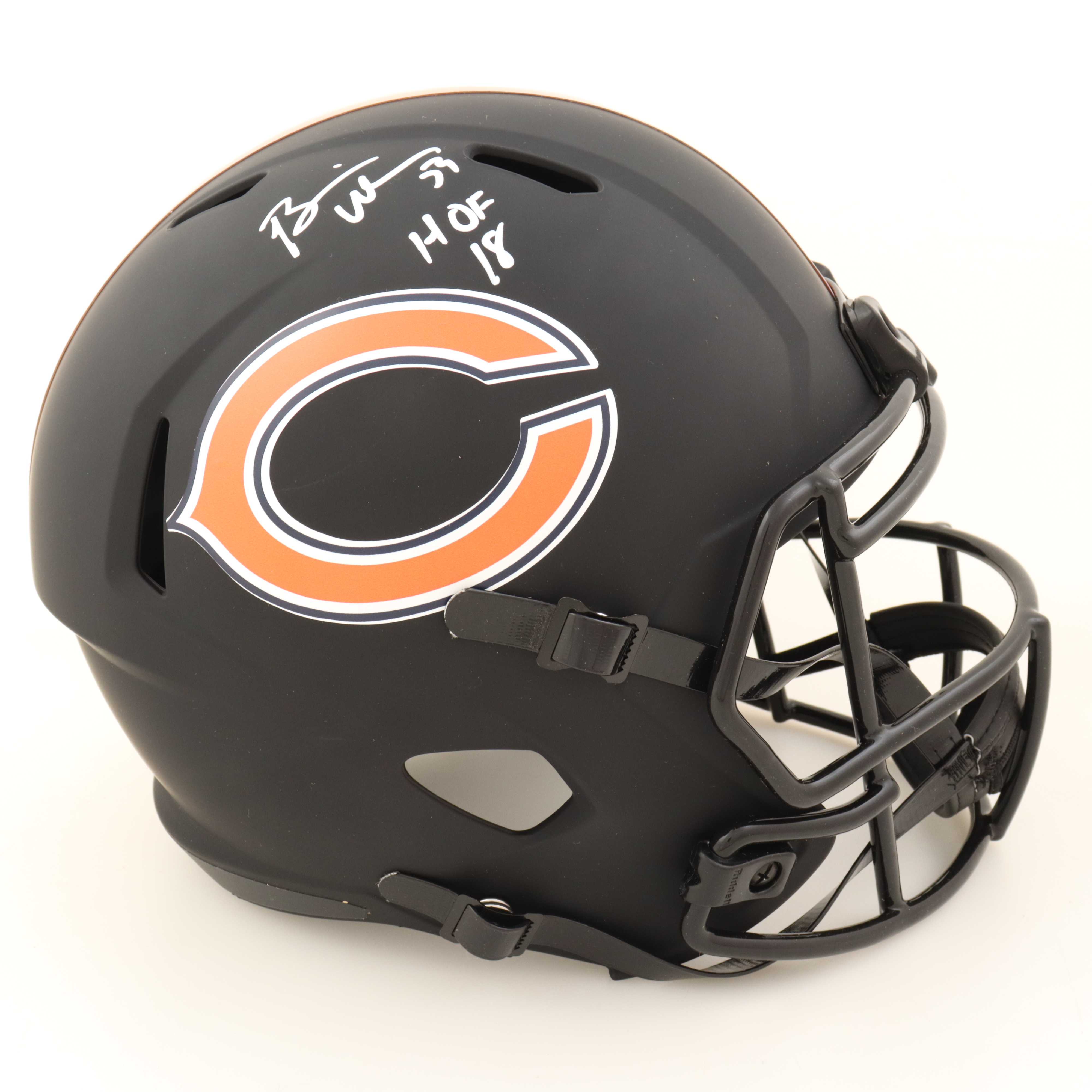 Brian Urlacher Signed Bears Full-Size Matte Black Speed Helmet Inscribed "HOF 18" (Beckett) at PristineAuction.com Brian Urlacher Signed Bears Full-Size Matte Black Speed Helmet Inscribed "HOF 18" (Beckett) at PristineAuction.com