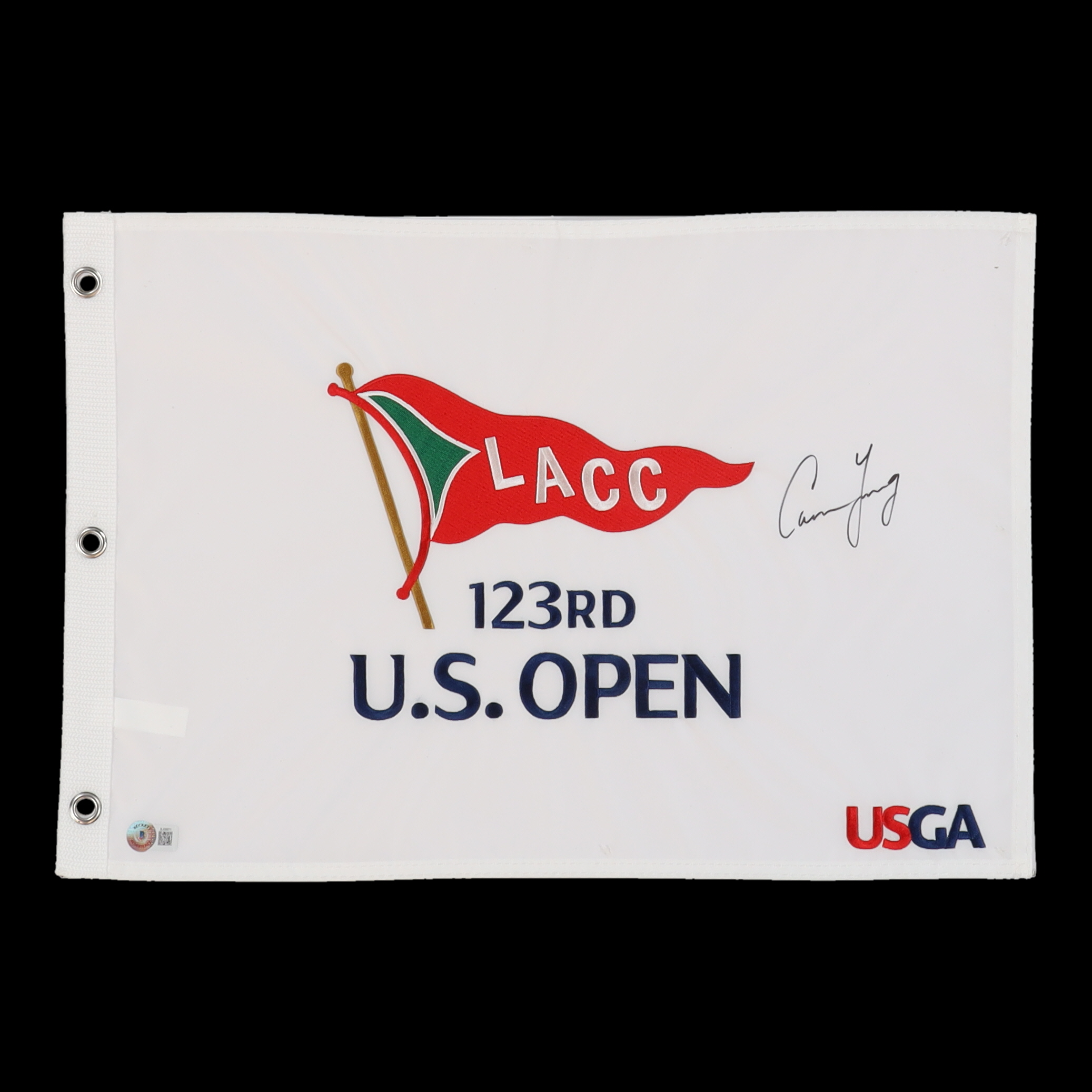 Cameron Young Signed 123rd U.S. Open Pin Flag (Beckett) at PristineAuction.com Cameron Young Signed 123rd U.S. Open Pin Flag (Beckett) at PristineAuction.com