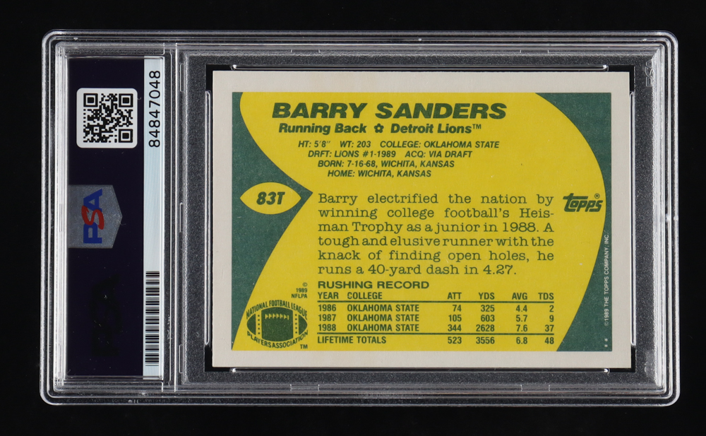 Barry Sanders Signed 1989 Topps Traded #83T RC (PSA) at PristineAuction.com Barry Sanders Signed 1989 Topps Traded #83T RC (PSA) at PristineAuction.com
