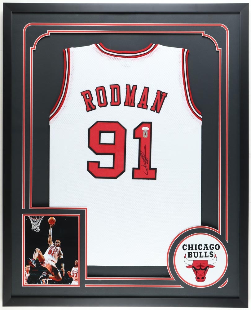 Dennis Rodman Signed Custom Framed Jersey Display (JSA & Rodman) at PristineAuction.com Dennis Rodman Signed Custom Framed Jersey Display (JSA & Rodman) at PristineAuction.com