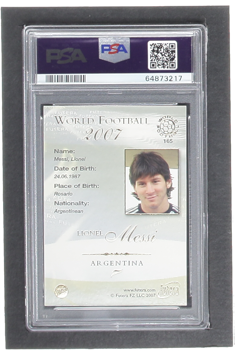 Lionel Messi 2007 Futera World Football Foil #165 (PSA 9) at PristineAuction.com Lionel Messi 2007 Futera World Football Foil #165 (PSA 9) at PristineAuction.com