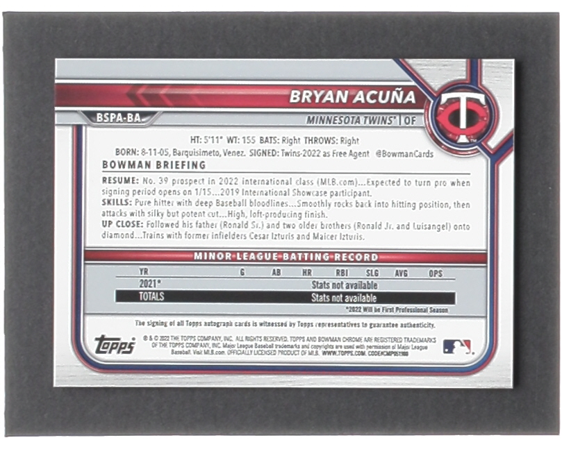 Bryan Acuna 2022 Bowman Chrome Sapphire Prospect Autographs #BSPABA RC at PristineAuction.com Bryan Acuna 2022 Bowman Chrome Sapphire Prospect Autographs #BSPABA RC at PristineAuction.com