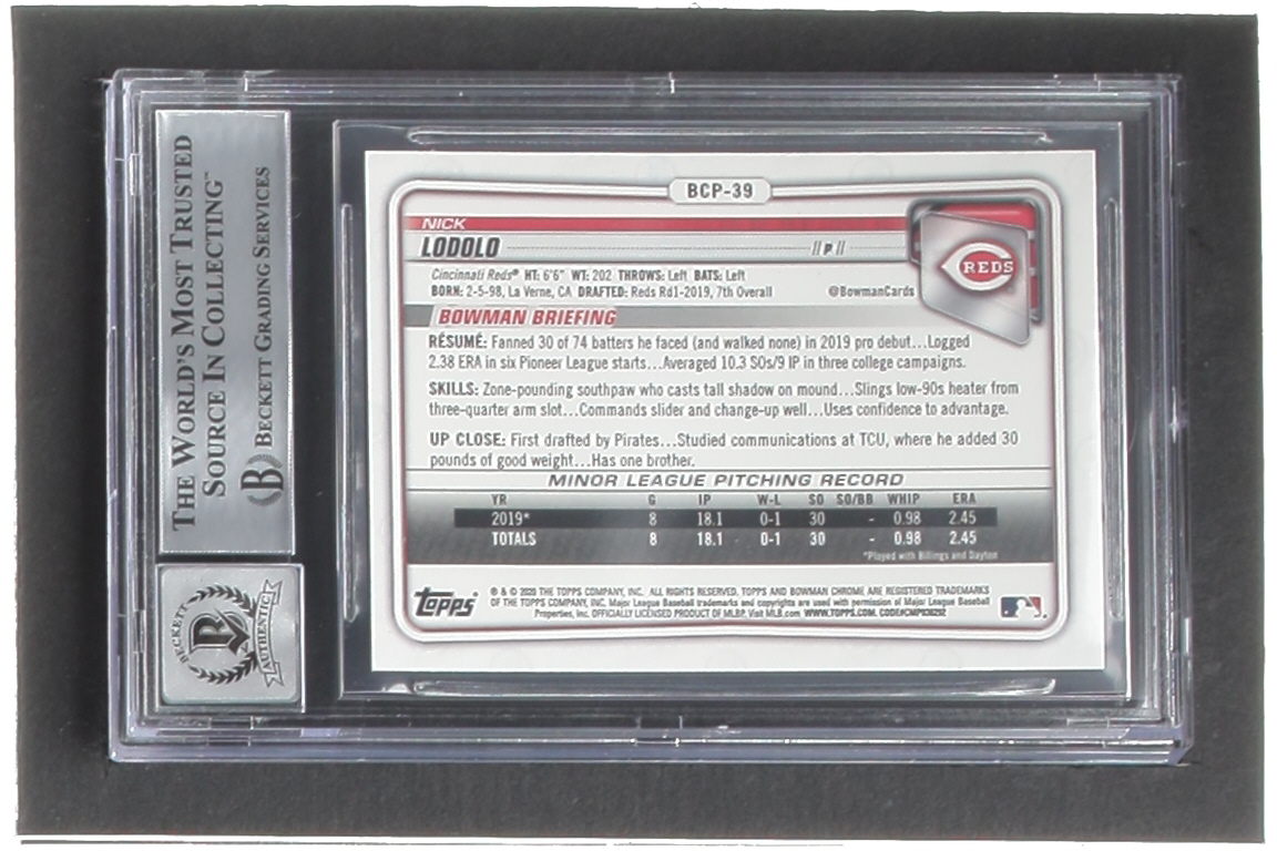 Nick Lodolo Signed 2020 Bowman Chrome Prospects #BCP39 RC (BGS | Auto 10) at PristineAuction.com Nick Lodolo Signed 2020 Bowman Chrome Prospects #BCP39 RC (BGS | Auto 10) at PristineAuction.com