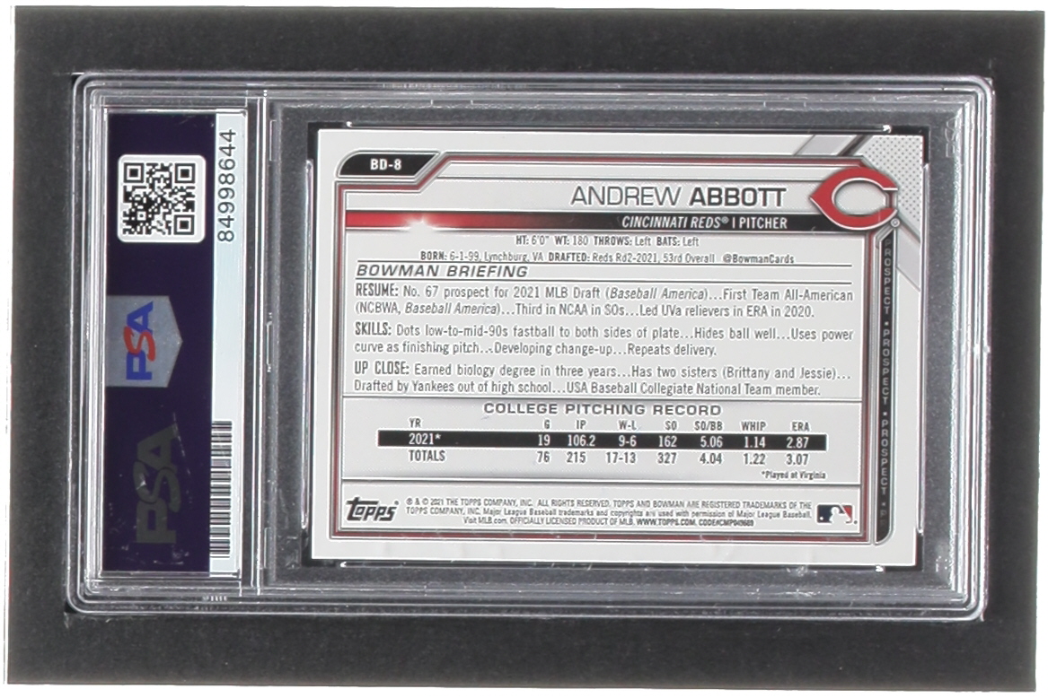 Andrew Abbott Signed 2021 Bowman Draft #BD8 RC (PSA | Autograph Graded PSA 10) at PristineAuction.com Andrew Abbott Signed 2021 Bowman Draft #BD8 RC (PSA | Autograph Graded PSA 10) at PristineAuction.com