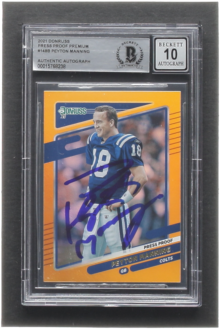 Peyton Manning Signed 2021 Donruss Press Proof Premium #148B VAR (BGS | Auto 10) at PristineAuction.com Peyton Manning Signed 2021 Donruss Press Proof Premium #148B VAR (BGS | Auto 10) at PristineAuction.com
