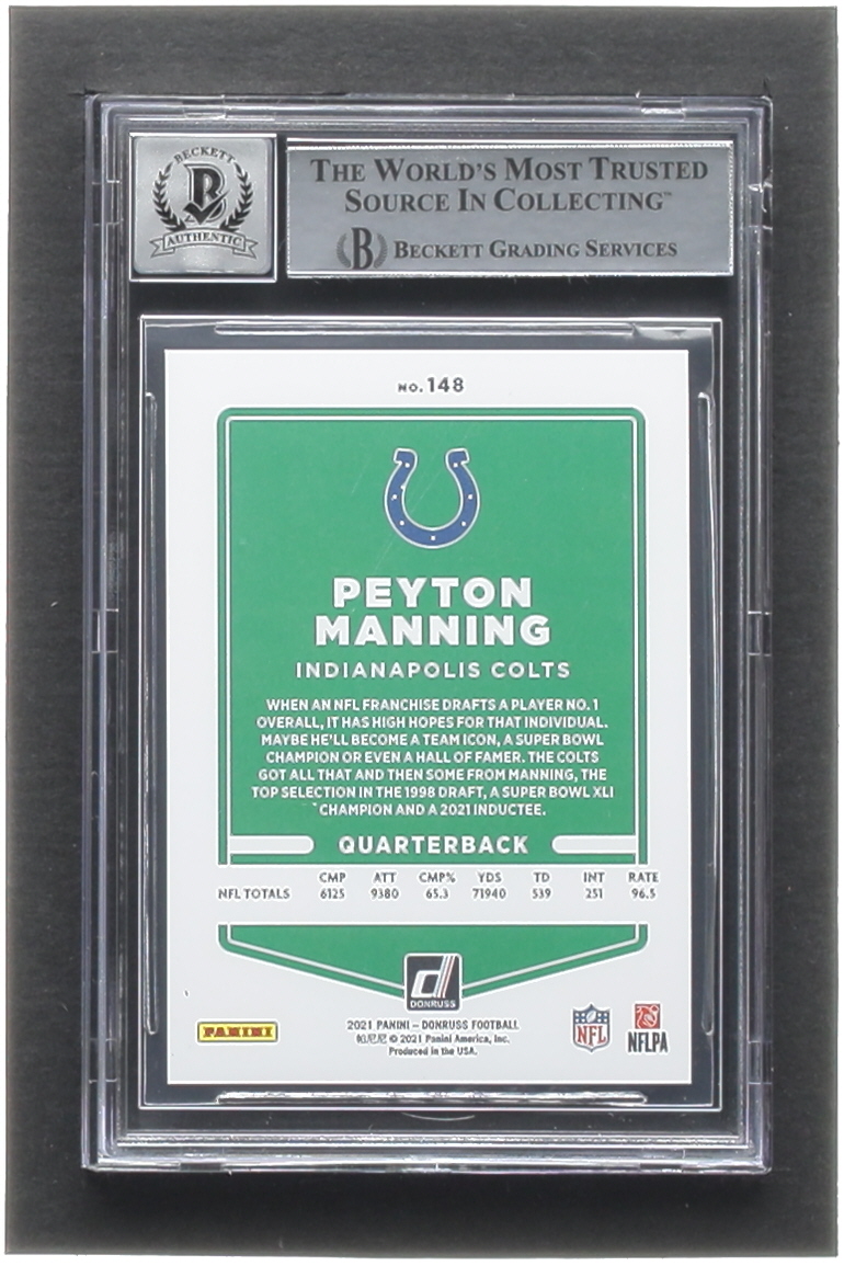 Peyton Manning Signed 2021 Donruss Press Proof Premium #148B VAR (BGS | Auto 10) at PristineAuction.com Peyton Manning Signed 2021 Donruss Press Proof Premium #148B VAR (BGS | Auto 10) at PristineAuction.com
