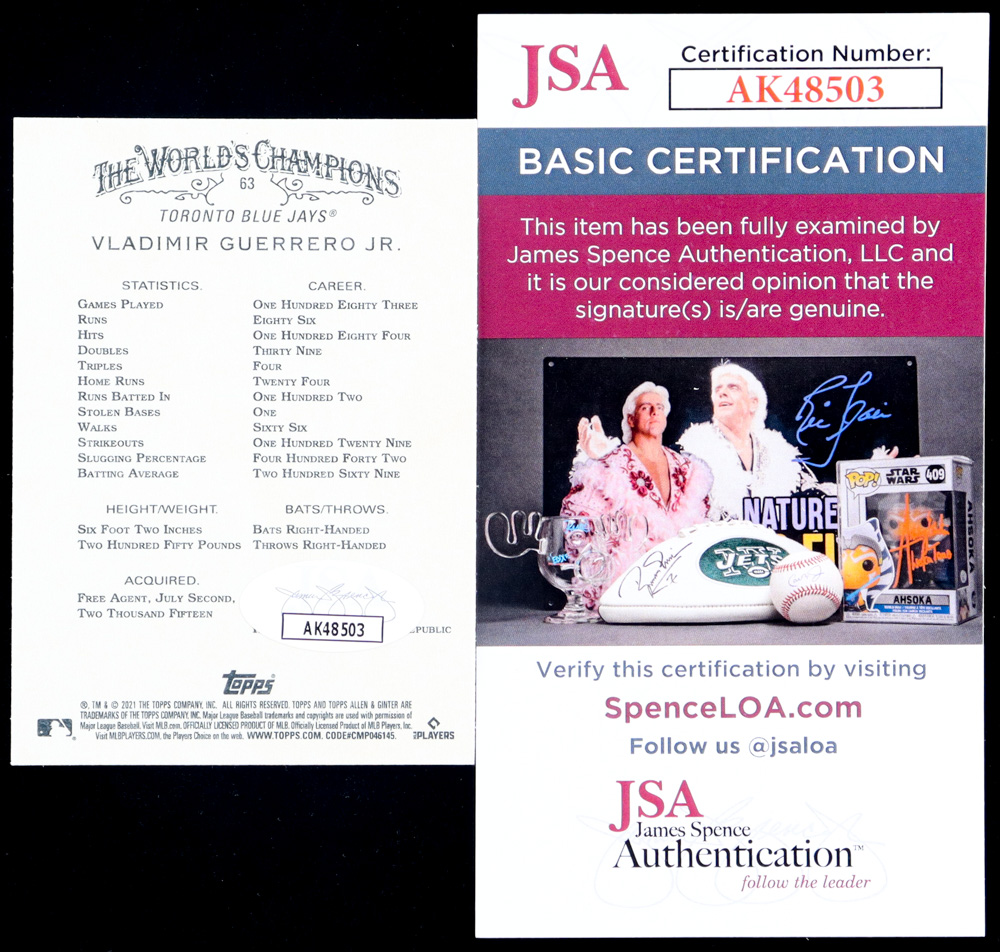 Vladimir Guerrero Jr. Signed 2021 Topps Allen and Ginter #63 (JSA) at PristineAuction.com Vladimir Guerrero Jr. Signed 2021 Topps Allen and Ginter #63 (JSA) at PristineAuction.com