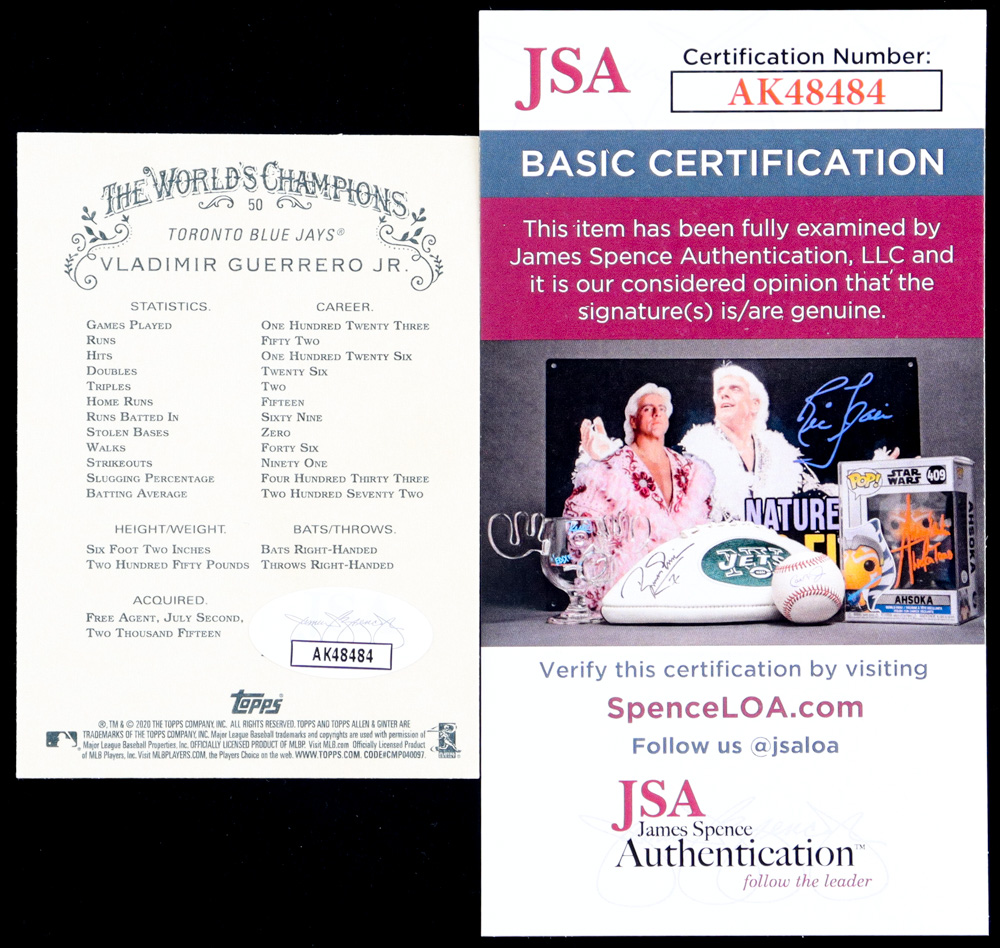 Vladimir Guerrero Jr. Signed 2020 Topps Allen and Ginter #50 (JSA) at PristineAuction.com Vladimir Guerrero Jr. Signed 2020 Topps Allen and Ginter #50 (JSA) at PristineAuction.com