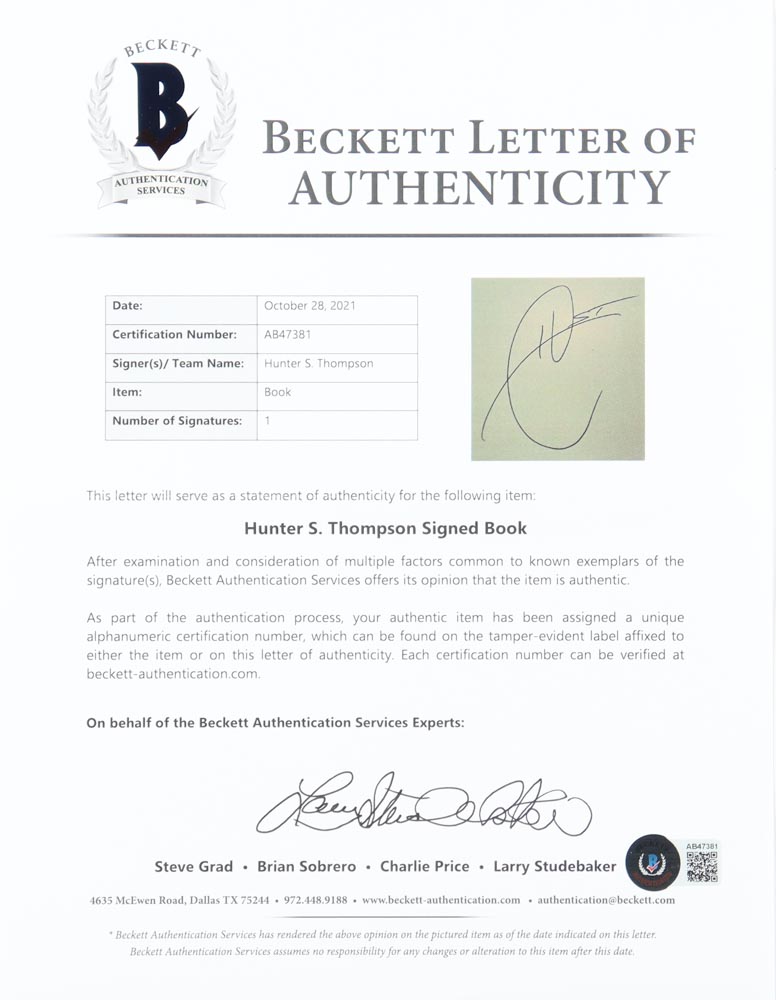 Hunter S. Thompson Signed "The Rum Diary" Book (Beckett) at PristineAuction.com Hunter S. Thompson Signed "The Rum Diary" Book (Beckett) at PristineAuction.com