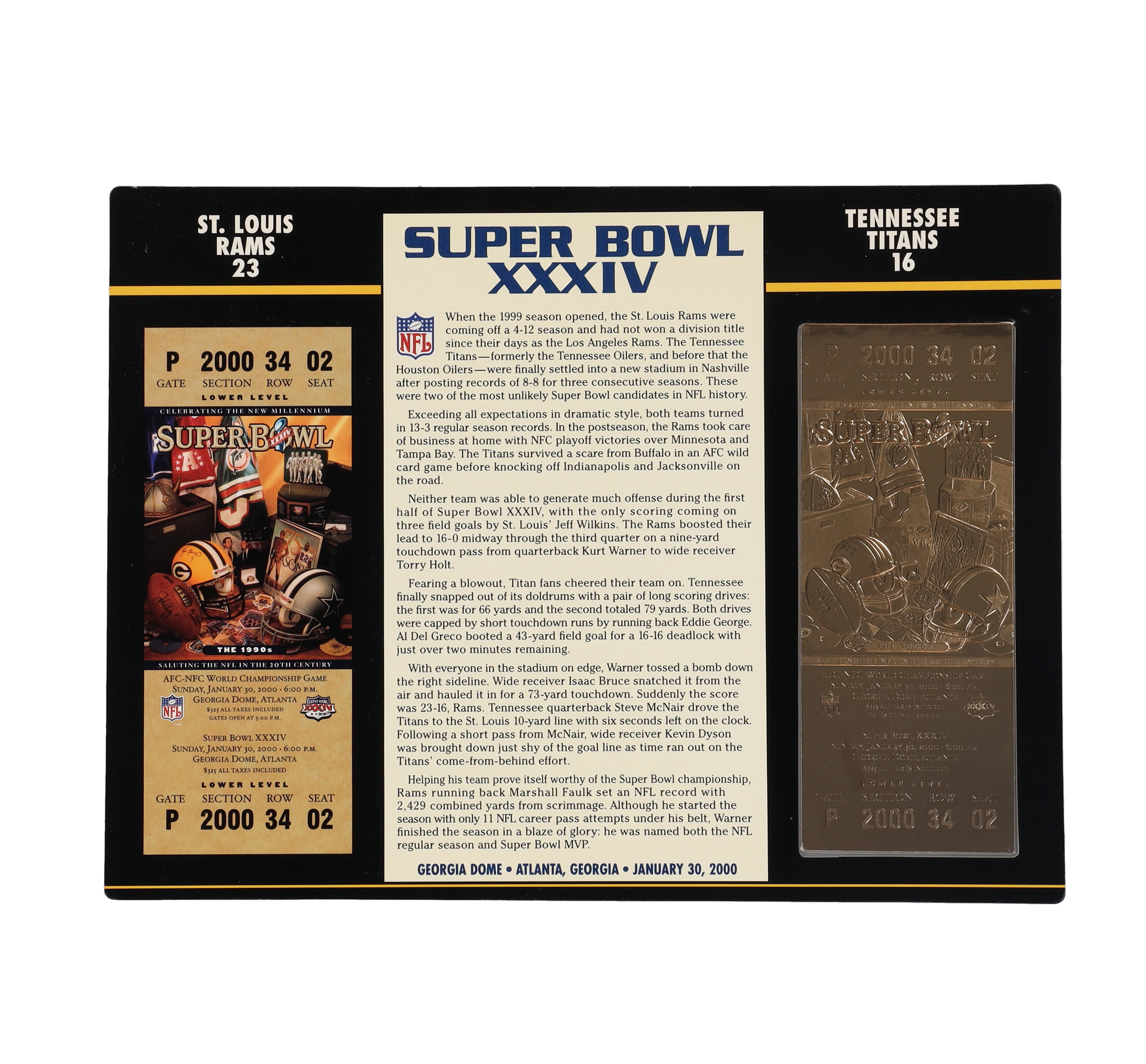 Super Bowl XXXIV Commemorative 9x12 Score Card Display with 22kt Gold Ticket at PristineAuction.com Super Bowl XXXIV Commemorative 9x12 Score Card Display with 22kt Gold Ticket at PristineAuction.com