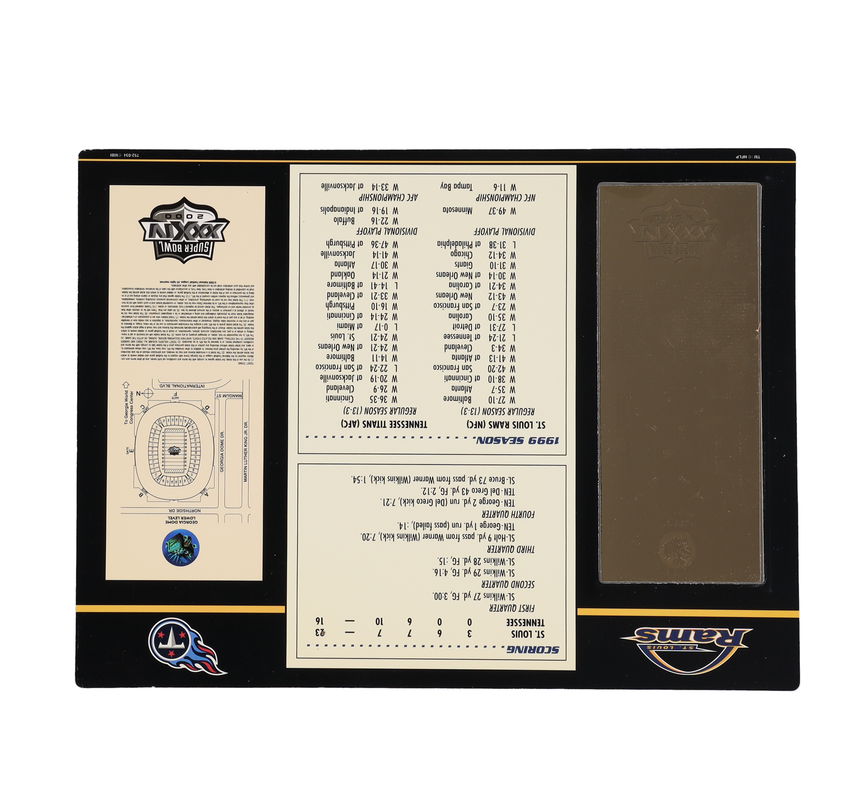 Super Bowl XXXIV Commemorative 9x12 Score Card Display with 22kt Gold Ticket at PristineAuction.com Super Bowl XXXIV Commemorative 9x12 Score Card Display with 22kt Gold Ticket at PristineAuction.com