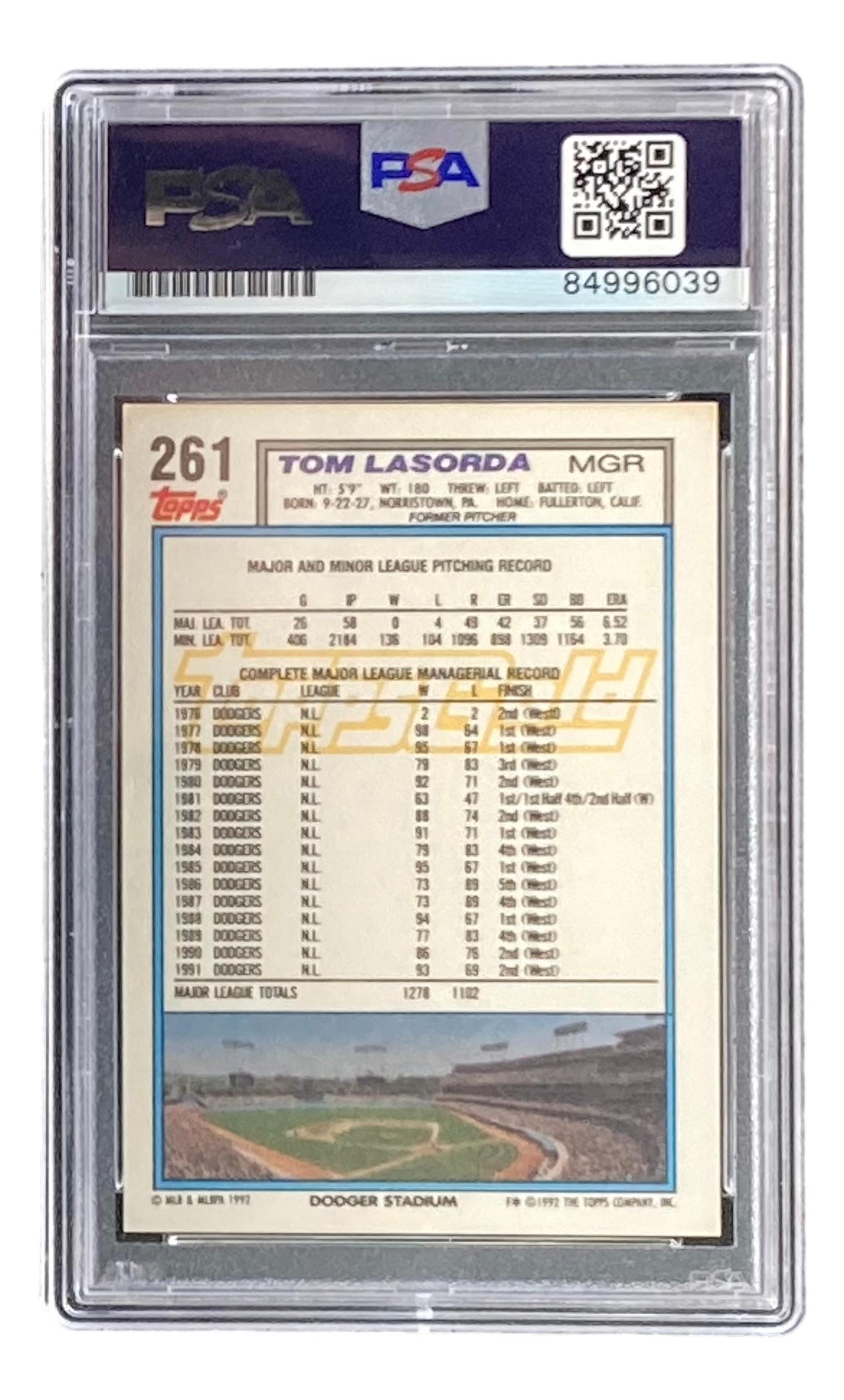 Tom Lasorda Signed 1992 Topps Gold #261 MG (PSA) at PristineAuction.com Tom Lasorda Signed 1992 Topps Gold #261 MG (PSA) at PristineAuction.com