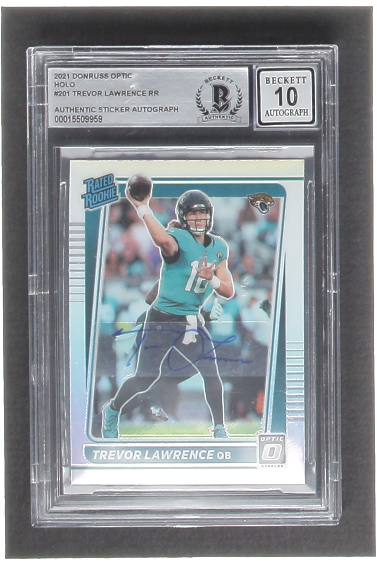 Trevor Lawrence Signed Sticker On 2021 Donruss Optic Holo #201 RR RC (BGS | Autograph Graded BGS 10) at PristineAuction.com Trevor Lawrence Signed Sticker On 2021 Donruss Optic Holo #201 RR RC (BGS | Autograph Graded BGS 10) at PristineAuction.com