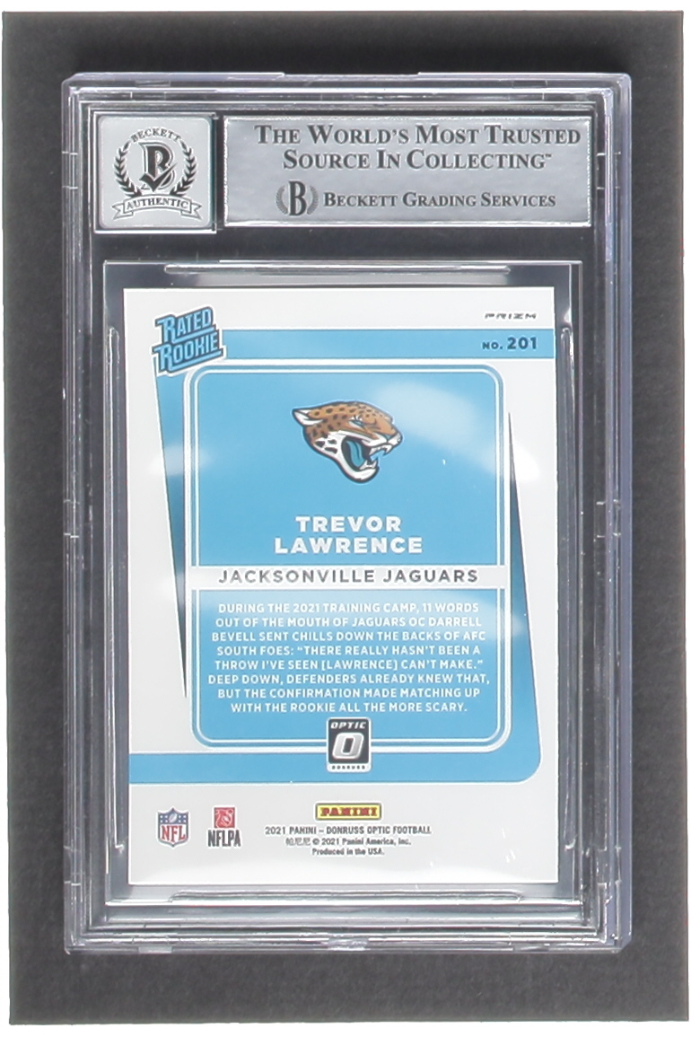 Trevor Lawrence Signed Sticker On 2021 Donruss Optic Holo #201 RR RC (BGS | Autograph Graded BGS 10) at PristineAuction.com Trevor Lawrence Signed Sticker On 2021 Donruss Optic Holo #201 RR RC (BGS | Autograph Graded BGS 10) at PristineAuction.com