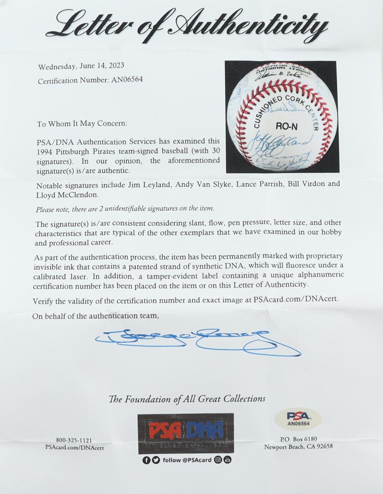 1994 Pirates ONL Baseball Team-Signed by (30) with Jay Bell, Jim Leyland, Andy Van Slyke, Lance Parrish with Display Case (PSA) at PristineAuction.com 1994 Pirates ONL Baseball Team-Signed by (30) with Jay Bell, Jim Leyland, Andy Van Slyke, Lance Parrish with Display Case (PSA) at PristineAuction.com