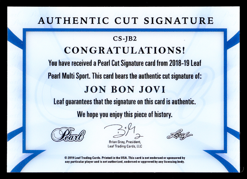 Jon Bon Jovi 2018-19 Leaf Pearl Cut Signatures #CSJB2 #1/1 at PristineAuction.com Jon Bon Jovi 2018-19 Leaf Pearl Cut Signatures #CSJB2 #1/1 at PristineAuction.com