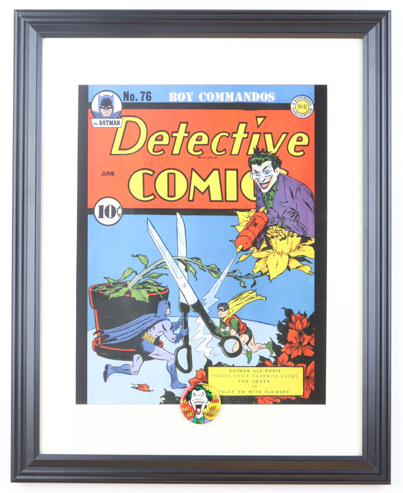 1943 "Batman: Detective Comics" Custom Framed Asgard Press Print with 1989 Joker Pin at PristineAuction.com 1943 "Batman: Detective Comics" Custom Framed Asgard Press Print with 1989 Joker Pin at PristineAuction.com