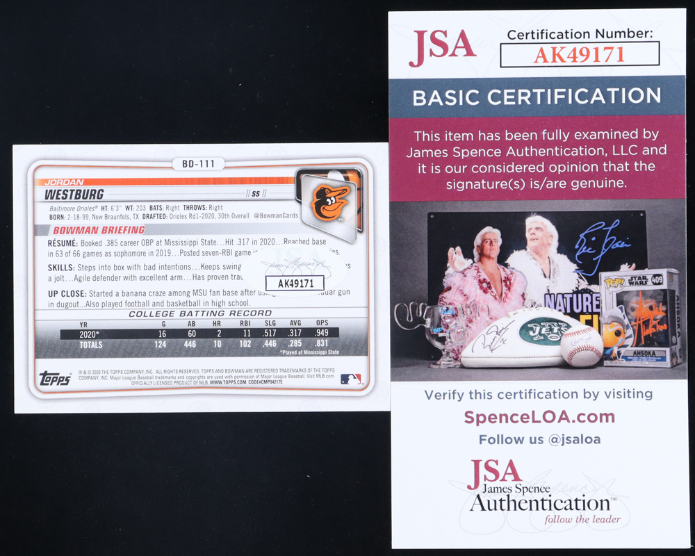 Jordan Westburg Signed 2020 Bowman Draft 1st Edition #BD111 (JSA) at PristineAuction.com Jordan Westburg Signed 2020 Bowman Draft 1st Edition #BD111 (JSA) at PristineAuction.com