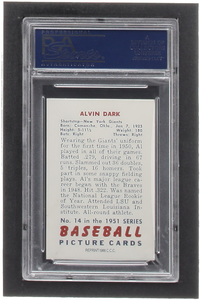 Alvin Dark Signed 1986 Card Collectors Company '51 Bowman Reprints #14 (PSA) at PristineAuction.com Alvin Dark Signed 1986 Card Collectors Company '51 Bowman Reprints #14 (PSA) at PristineAuction.com